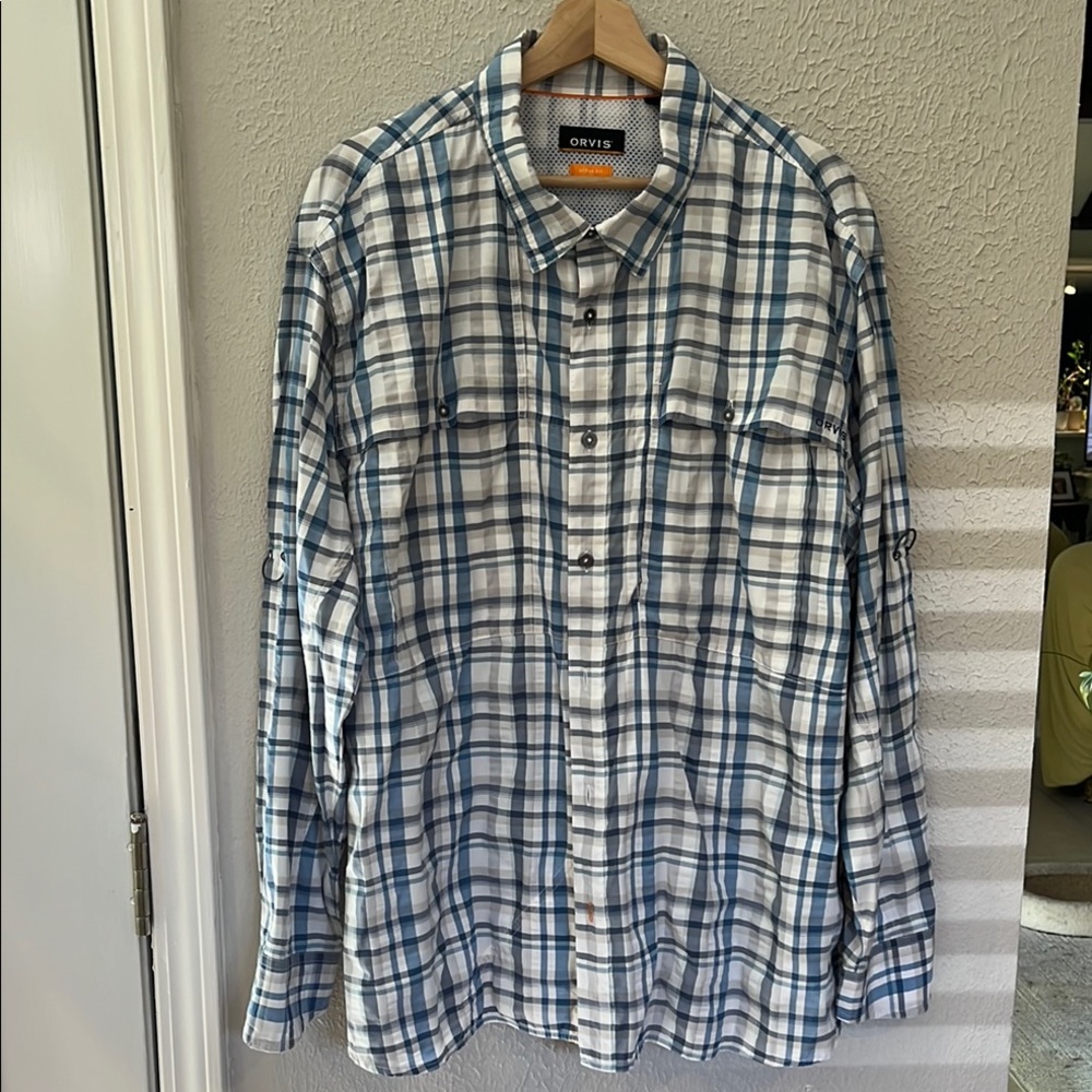 Orvis outdoor plaid blue/white shirt size XL